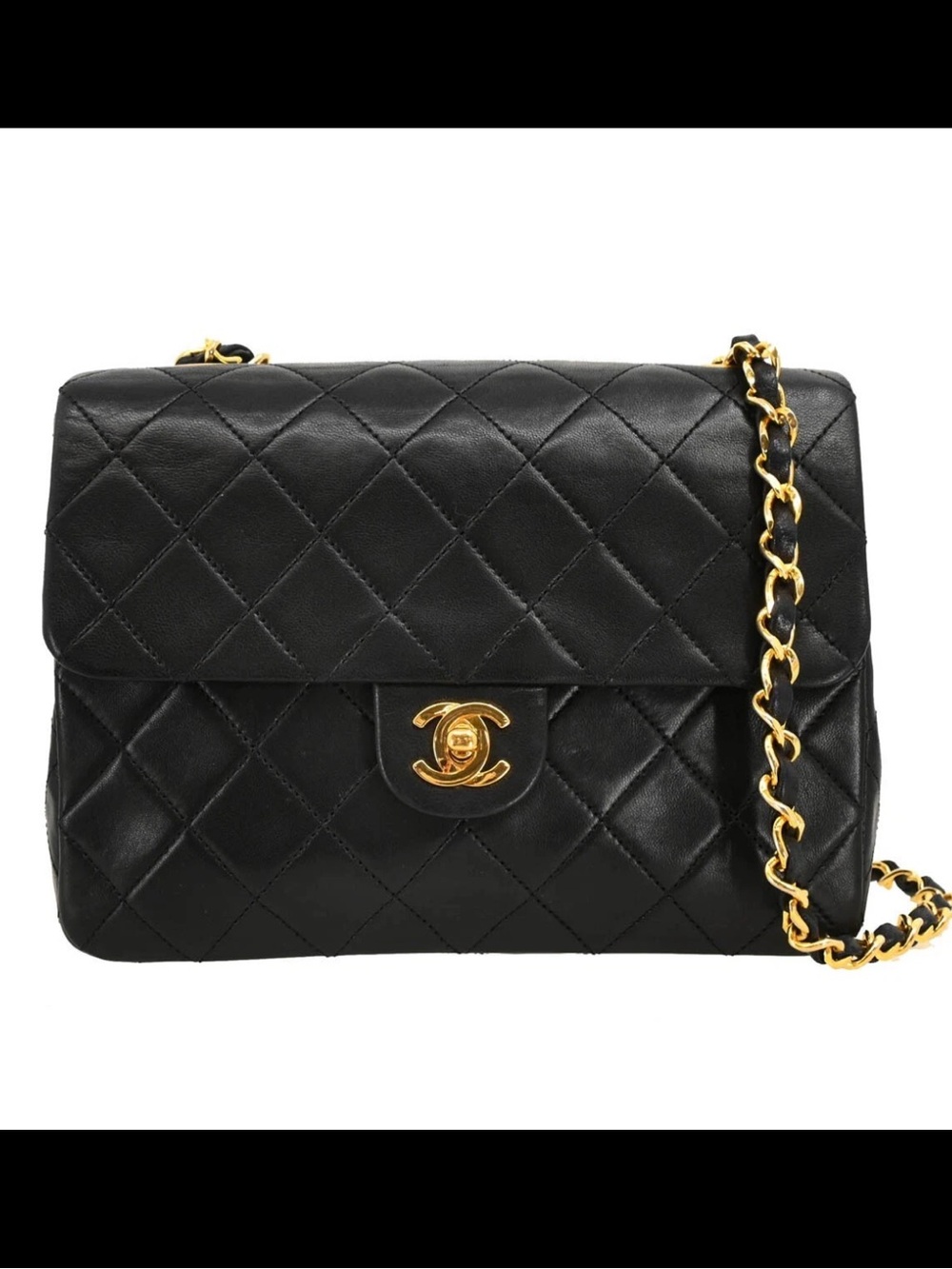 CHANEL Black Quilted square Lambskin Mini Flap Crossbody with Gold Chain
